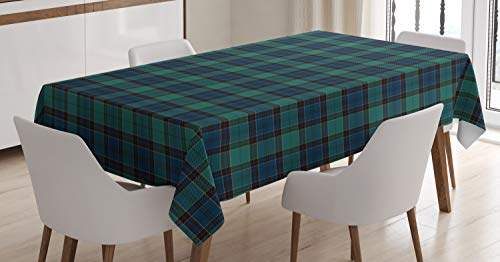 ABAKUHAUS Schottenkaro Tischdecke, Scottish Folklore-Muster, Wasserfest Waschbar mit Klar Sichtbaren Farben kein Verblassen Personalisiert, 140 x 240 cm, Dunkelgrün Schwarz Dunkelblau