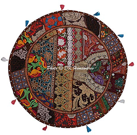 DK Homewares Indisch Baumwolle Runde Stuhlkissen bodenkissenbezug 70x70 Bohemian Dunkelbraun Patchwork Gestickt Wohnkultur Rund Vintage Bodensitzkissen Orientalisch - 28x28 Inch