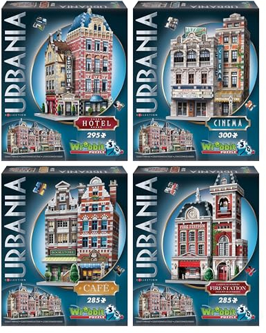 Wrebbit 3D Urbania Collection 3D Puzzle Bundle | Enthält Hotel, Kino, Café und Feuerwehrstation | 1165 Teile Puzzleteile insgesamt | Bauen Sie ein charmantes und einzigartiges Straßenbild einer