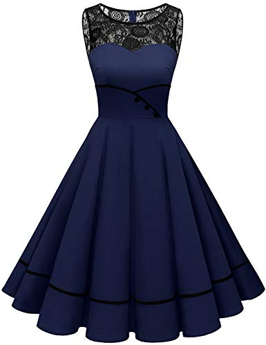 Bbonlinedress Rockabilly Kleider Damen Sommerkleid Abendkleider elegant für Hochzeit Jugendweihe Kleider Spitzenkleid Cocktailkleid Navy M