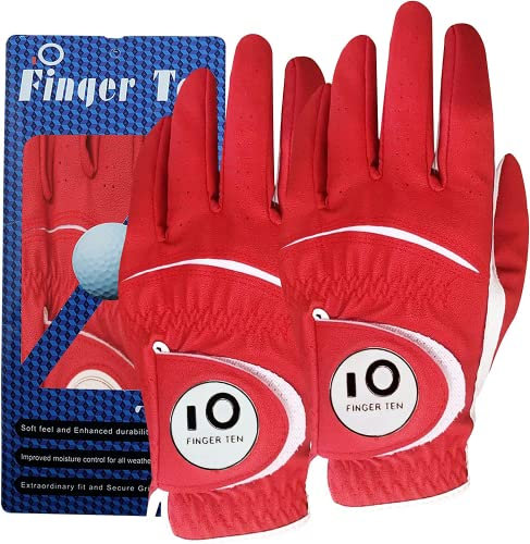 Golfhandschuhe Herren Golf Handschuhe Links Rechts Leder Handschuh Wert 1 2 Stück Not Paar Golfhandschuh Linke Rechte mit Ball Marker Allwetter Griff für Männer Golfer (2 Stück Rot, M, Links)