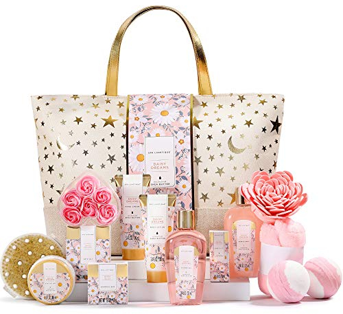 Bad Geschenkset, SPA LUXETIQUE Beauty Set für Frauen 15-teiliges Geburtstagsgeschenk, Gänseblümchen Duft Spa Set, Geburtstagsgeschenk mit Duschgel, Geräumige Handtasche, Wellness Set für Frauen