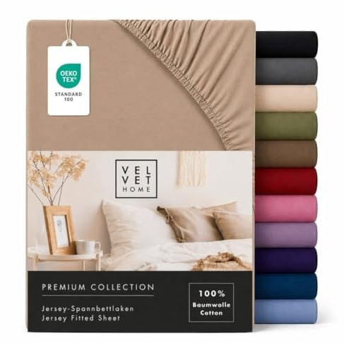 VelvetHome Spannbettlaken 200x200 cm 100% gekämmte Baumwolle, Jersey Spannbetttuch für Matratzen bis 25 cm Höhe, Oeko-Tex Zertifiziert, bügelfrei, elastisch, atmungsaktiv, weich, Cappuccino