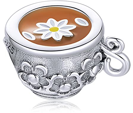 Charm Beads 925 Sterling Silver Coffee Cup Charms Enamel Crystal Love Zircon Charm Charms for Pandora Bracelets&Necklaces (Flower Coffee Cup Charm)