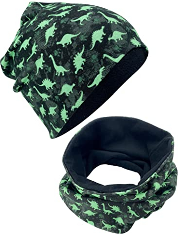 HECKBO Winter Beanie & Loop Set - Fleece Innen weich - Dinosaurier Muster - Waschbar - Einheitsgröße - Baumwolle
