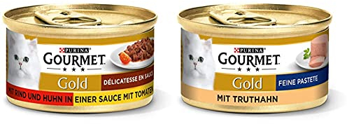 PURINA GOURMET Gold Délicatesse en Sauce Katzenfutter nass, mit Rind und Huhn, 12er Pack (12 x 85g) & Gold Feine Pastete Katzenfutter nass, mit Truthahn, 12er Pack (12 x 85g)