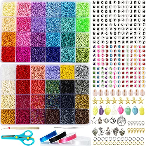 36551pcs 48 Farbe 2mm Perlen Set Glasperlen zum Auffädeln Erwachsene Bunte Rocailles Perlenset für Armbänder Ketten Ringe Handykette Schmuckherstellung Handwerk mit Buchstaben Elastische Schnur