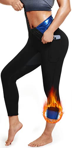 LMCOB Pantalones de sauna para mujer, cintura alta, compresión adelgazante, leggings de entrenamiento, pantalones capri térmicos con bolsillo, Forro azul, L