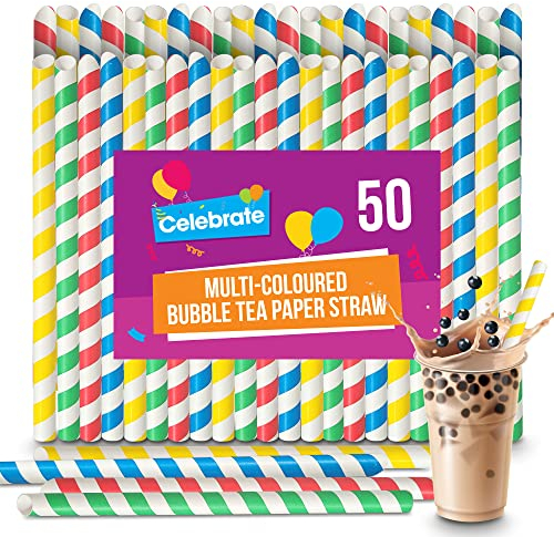 SOL 50pk Multi-Coloured Bubble Tea Paper Straws - Large Boba Straws for Milkshakes & Smoothies - Sturdy, Spiral Design in Yellow, Green, Red & Blue - Perfect for Home, Parties, or Commercial Use