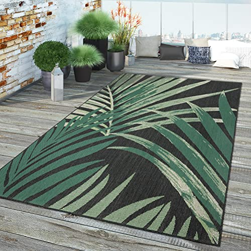 TT Home In-& Outdoor Teppich Wetterfest Balkon Küche Wohnzimmer Palmen Muster Modern, Farbe:Grün Schwarz 3, Größe:160 cm Rund