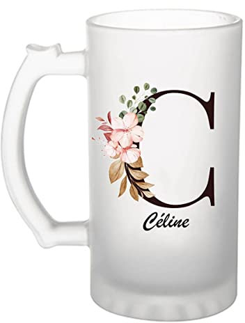 Chope de bière Céline | Verre pour bière prénom femme avec Lettre fleur | Idée cadeau pour anniversaire noël et fête des mères