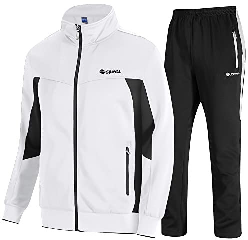 donhobo Herren Jogging Anzug Trainingsanzug Sporthose 2-Teiliges Outfit Sport Set Langarm Jogginganzug Fitness Gym Training Sportanzug (02weiß scharz, XL)