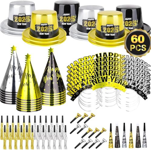 2025 Happy New Year's Eve Deko Set Silvester Fransen Kegel Hut mit Folie Quaste Fransen Schimmer Stirnband Blowouts Blower Perlenkette für Kinder Erwachsene Silvester Party