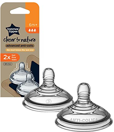 Tommee Tippee Advanced Anti-Colic Babyflaschensauger, Schneller Durchfluss, 6+ Monate, brustähnlich für einen natürlichen Verschluss, Anti-Colic-Ventil, weiches Silikon, 2 Stück