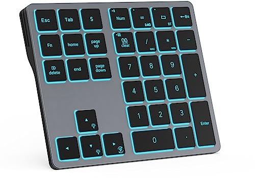 Doohoeek Bluetooth & 2.4G USB Wireless Numeric Keypad for Laptops, PC Computers Macbooks & Tablets, Dual Mode Number pad 34 Keys with 7-Color Backlit for Windows, MacOS & iOS, Gray