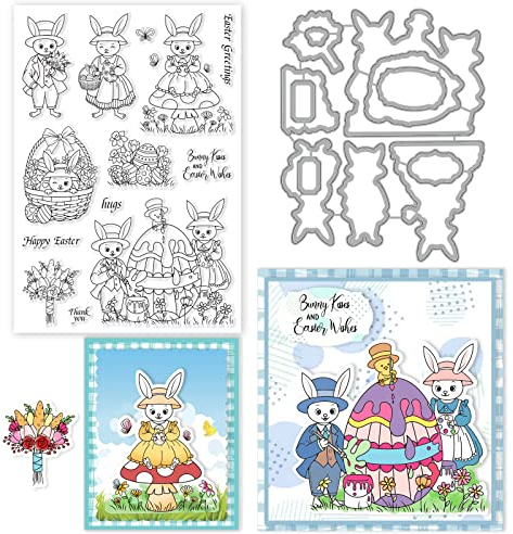 INFUNLY Frohe Ostern Klare Stempel Und Stanzformen Set Prinzessin Hase Osterei Transparente Silikonstempel Osterhase Stanzformen Für Die Kartenherstellung DIY Craft Scrapbooking Ostergrußkarten