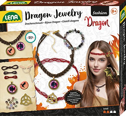 Lena 42303 Bastelset Drachen-Juwelen, Schmuckbastel Set mit Halskette mit Amulett, Perlenarmband und magischem Haarschmuck, DIY Dragon Jewelry, Fashion Kreativset für Kinder ab 8 Jahren, Mittel