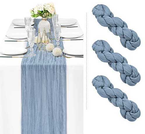Showgeous 3 Stück Käsetuch Tischläufer Staubigs Blau, 90 x 300 cm Tischläufer Boho Style Rustikaler Seihtuch Gaze Stoff Tischdekoration für Vintage Hochzeit Geburtstage Babyparty Urlaub Party