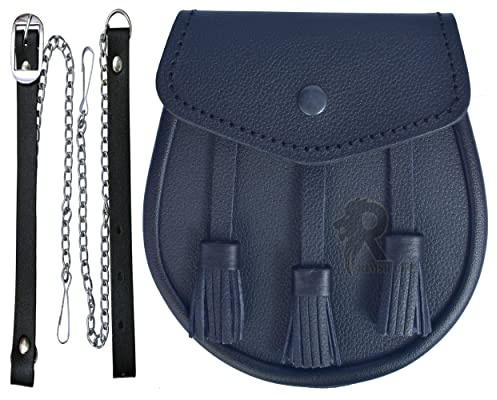 RIMSH LLC Schwarzer Ledergürtel Pin Sporran Kette Einfarbig & Geprägter Kiltsporran für Männer Kilt-Zubehör für Männer mit Quasten, Sporran aus Leder, Schwarz, 7''