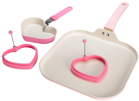 Paris Hilton Frühstücks-Kochgeschirr-Set, Keramik, antihaftbeschichtet, inkl. quadratischer Grillplatte, Mini-Bratpfanne in Herzform und zwei herzförmigen Silikon-Eierringen, 4-teiliges Set, Rosa