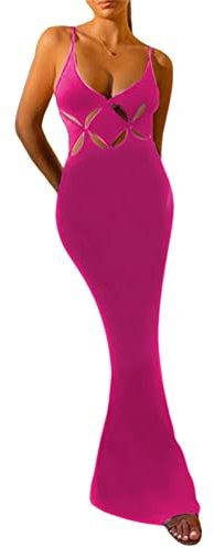ORANDESIGNE Robe Débardeur Femme Longue Eté Slim Moulante Robe sans Manches à Spaghetti Bretelles Stretch Casual Décontracté Vacances Robes à Fronde Coupe Basse D Rose Rouge S