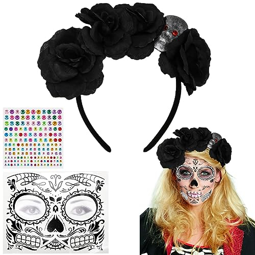 Sprinlot Dia de los Muertos Haarreif und Tattoo, Halloween Haarreif, Tag der Toten Haarschmuck, Halloween Kopfschmuck, Schwarze Rosen & Totenkopf Deko, für Fasching Karneval Cosplay