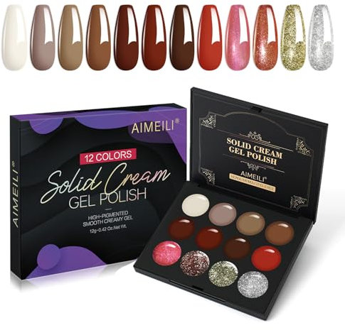 AIMEILI Solid Cream Gel Nail Polish with Brush, 12 Colors Solid Gel Polish Palette Neutral Nude Brown Pink White Pudding Gel Set UV LED Soak Off Art Kit Manicure DIY at Home Kit18
