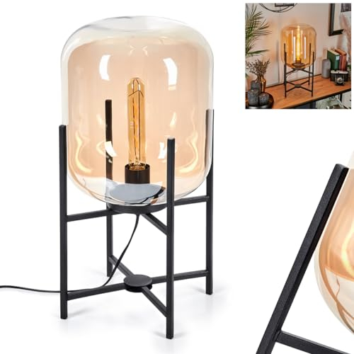 Tischleuchte Manzano, Tischlampe aus Metall/Glas in Schwarz/Bernsteinfarben, Retro/Vintage Nachttischlampe mit Schirm aus Glas (Ø 25 cm), mit An-/Ausschalter am Kabel, 1 x E27, ohne Leuchtmittel