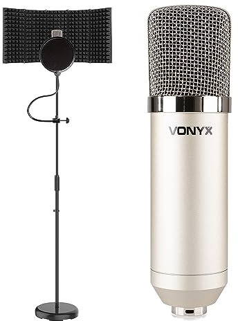 VONYX CM400 Studio Recording Microphone Package with Condenser Mic, Adjustable Stand, Reflection Shield & Pop Filter - Complete Home Recording Studio Kit for Vocals & Instruments