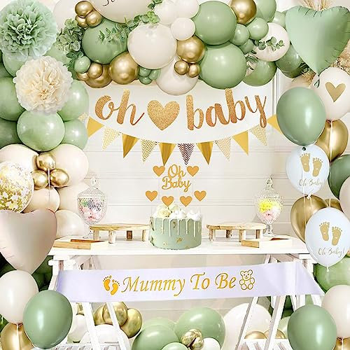 Baby Shower Decorations Boy Girls, Baby Shower Balloons Green Gold, Oh Baby Banner with Oh Baby Cake Topper, Mummy To Be Sash for Gender Reveal Party Decoration