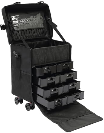 Schminkkoffer auf Rollen, Aufbewahrung Schubladen Kosmetikkoffer mit 8 herausnehmbare Schubladen und 2 seitliche Netztaschen, für Make-up-Enthusiasten, Friseure, Stylisten