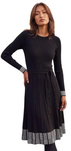 Roman Originals Ribbed Stretch Knit Border Print Dress for Women UK - Ladies Everyday Autumn Winter Round Neckline Comfy Soft Evening Vacation Work Party Night Out - Black - Size 16