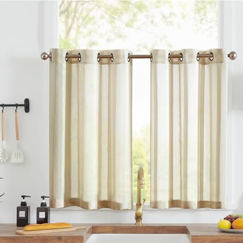 Vangao Sheer Scheibengardinen mit Ösen Transparent Bistrogadine Landhaus Modern Voile Küchenvorhang Gestreift Küchengardinen Paarig für Badezimmer Klein Fenster Dekor 90x115cm(BxH) Beige 2er Set