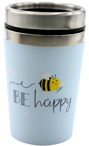 Dekohelden24 Thermobecher/Becher to go, Kaffeebecher, Isolierbecher, Reisebecher, Biene Motiv: Be Happy, Maße H/ : 13,5 x 8,4 cm, Fassungsvermögen: 240 ml.