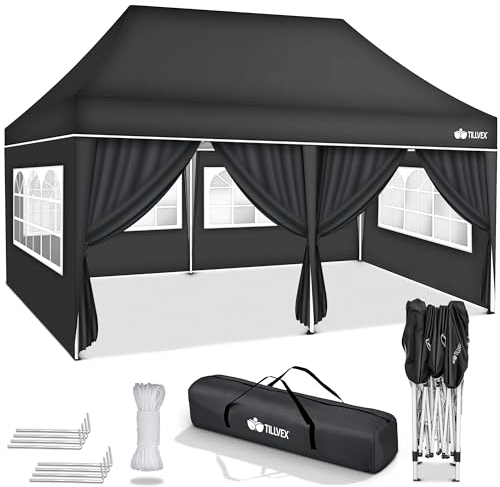 tillvex Pavillon 3x6m wasserdicht | Pop-Up Faltpavillon höhenverstellbar | Gartenzelt UV Schutz 50+ | Partyzelt mit Tasche für Garten (Anthrazit - mit 6 Seitenteilen)