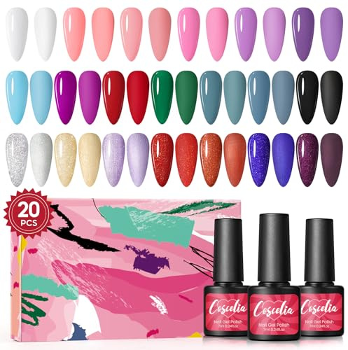 COSCELIA Nagellack, semi-permanent, 20 Farben, Weiß, Violett, Rosa, Rot, Schwarz, UV-Gel, semi-permanent, Soak Off, Salon, Maniküre, 20 x 7 ml