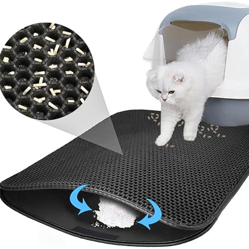Tapis De Litière Pour Chat,30 x 45 Cm Tapis Litiere Chat Avec Couche Antidérapante,Imperméable,Velcro,Tapis Litière Chat Double Couche En Nid d'Abeille Design Capture Efficace De La Litière (Noir)