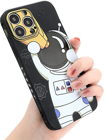 Yonds Queen for iPhone 16 Cute Case, Cool Cartoon Astronaut Space Design Stylish Bumper Soft TPU Rubber Protective Anti-Slip Shockproof Creative Case(Black Telescope, iPhone 16)