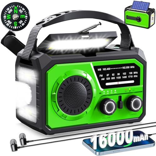 Radio meteorológica de emergencia con manivela de 16000 mAh con altavoz inalámbrico, radio solar NOAA AM FM de 59200 mWh con linterna, cargador de teléfono celular, lámpara de lectura, brújula SOS