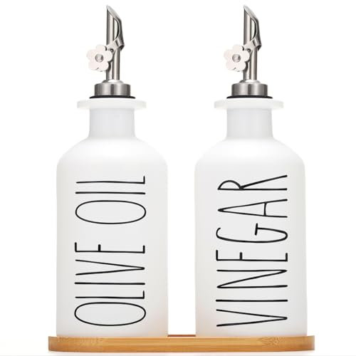 HOMCDALY Premium Olive Oil Dispenser for Kitchen, 11.8oz Glass Oil Bottles with Bamboo Tray, White Oil&Vinegar Cruet Set, Kitchen Dispenser Bottles with Pourer| Set of 2 (11.8oz –P–White)