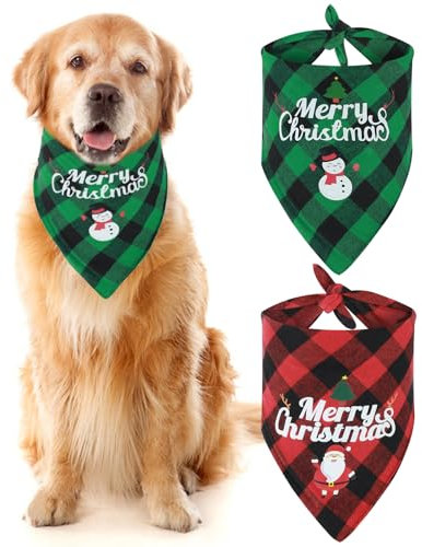 GEEHUA 2er-Pack Weihnachtshalstücher für Hunde, Klassisches Stilvolles Kariertes Dreieckiges, Doppellagiges Hundetuch aus Weichem Stoff, Weihnachtskostüm für Kleine, Mittelgroße und Große Hunde