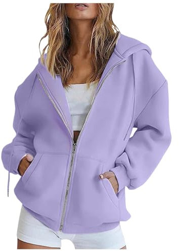 Sweatjacke Damen Oversize Sommer Sweatshirt Jacke Mit Kapuze Zipper Hoodie Kapuzenjacke Langarm Sweatshirt Sport Style Casual Kapuzenpullover Mit Reißverschluss Oversize Mantel (Light Purple #1, XXL)