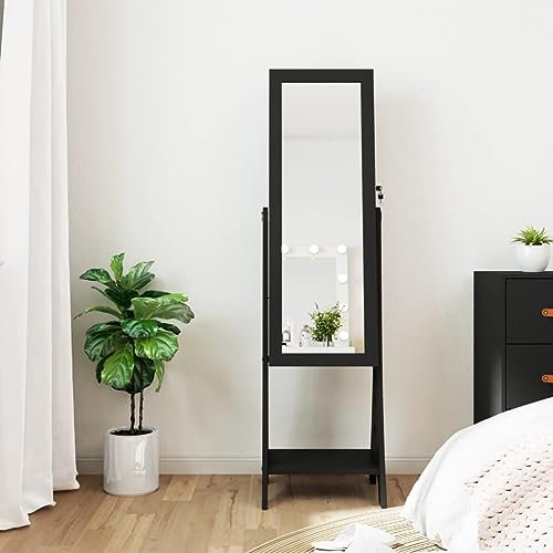 XZHWSZD Armoire à Bijoux avec Miroir et lumières LED sur Pied,Noire,Armoire de Rangement pour Salle de bain-353266