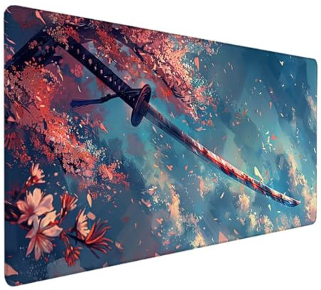 Tappetino per Mouse Grande, Mouse Pad XXL, Sottomano da Ufficio, Laptop Tappetino, Tappetino Scrivania, Tappetino Scrittura, Uso Doppio Lato Simipelle PU 900 x 400 x 3mm fiori di ciliegio Katana Y - E