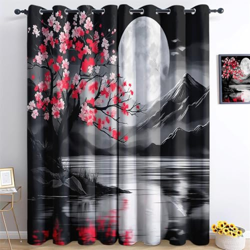 Bedruckte Verdunkelungsvorhänge mit Ösen Japanischer Stil, Bergblumen Im Japanischen Stil Blickdicht Thermo Isoliert Vorhänge, Privatsphäre Schützende Gardinen für Schlafzimmer H245 x B280 cm
