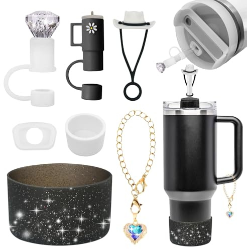 YOYOHAHAHA Stanley Cup Glitter Accessory Set, 7 Piece Accessories Including 3 Straw Lids, 2 Spill Protectors, 1 Stanley Cup Pendant, 1 Silicone Sleeve for 1.2L and 30oz Stanley Cup Glasses (Black)