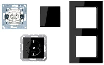 Jung Serie A Komplett-Set Schwarz: A1520KISW SCHUKO® Steckdose mit Berührungsschutz + A590SW Wippe + 506U Wippschalter Universal Aus-Wechsel + AC582SW Rahmen 2fach