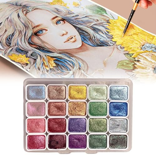 FONDUO Metallic Aquarellfarben mit 20 Farben, Wasserfarben Glitzer, Perlglanz Aquarell Malkasten, Wasserfarbkasten für Künstlerbedarf, Glitzer Aquarellfarben für Hobbymaler und Malerei-Liebhaber (B)