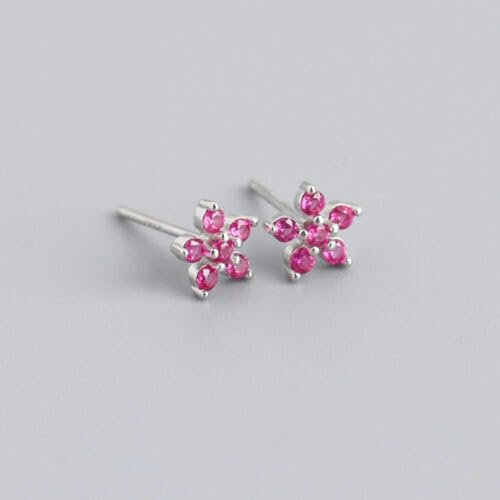 Orecchini a Bottone in Argento Sterling 925 con zirconi e Fiori Carini Boho F1095-I - Argento con Pietra Fucsia
