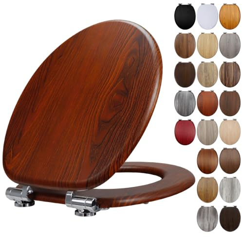 Toilet Seat Wooden Soft Close, 18 Oval MDF Toilet Seat Wood with Adjustable Solid Zinc Alloy Hinges